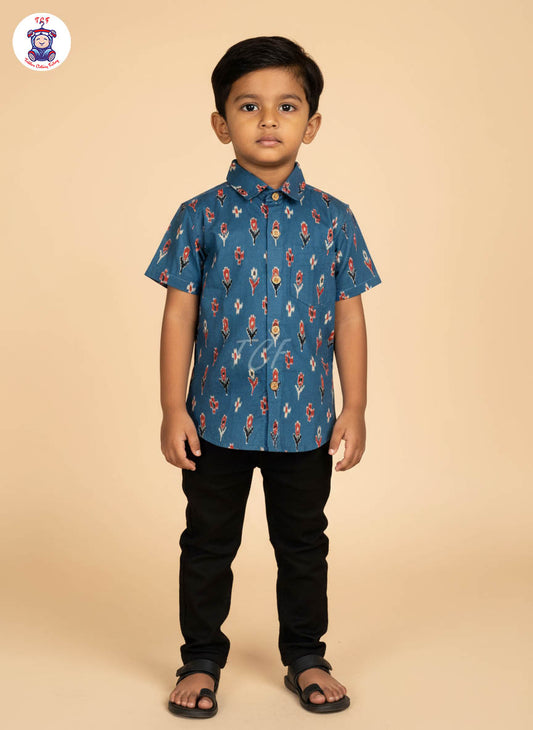 Blue - Boys Readymade Cotton Printed Shirts
