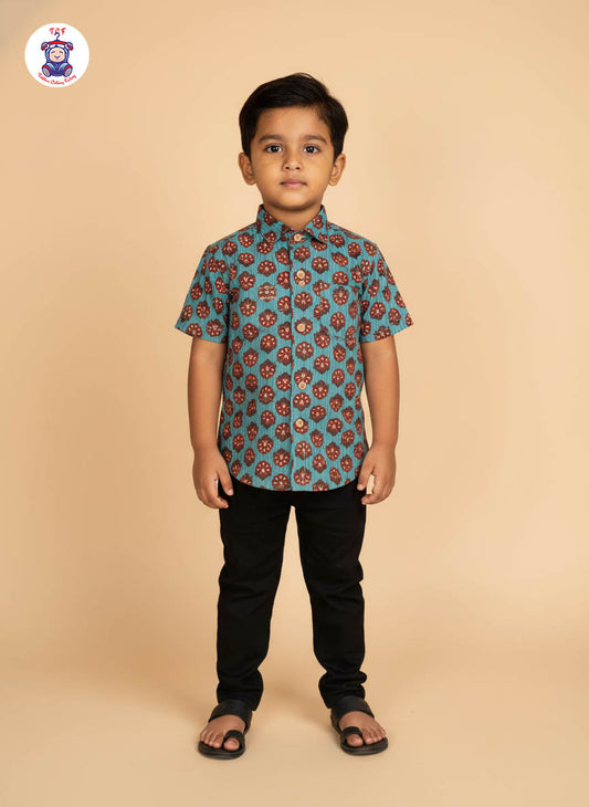 Light Blue & Maroon - Boys Readymade Cotton Printed Shirts