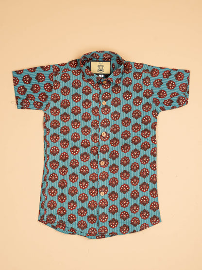 Light Blue & Maroon - Boys Readymade Cotton Printed Shirts