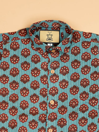 Light Blue & Maroon - Boys Readymade Cotton Printed Shirts