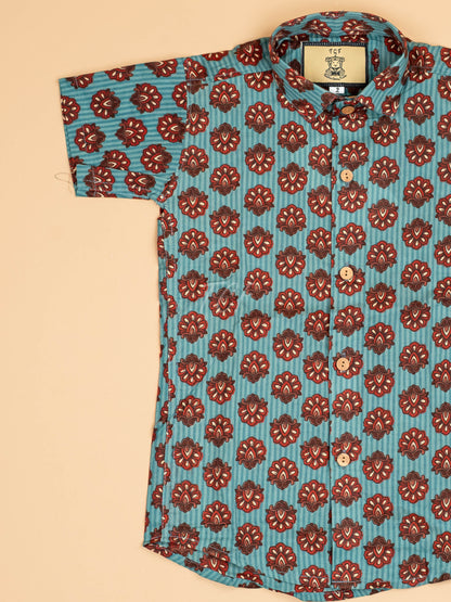 Light Blue & Maroon - Boys Readymade Cotton Printed Shirts
