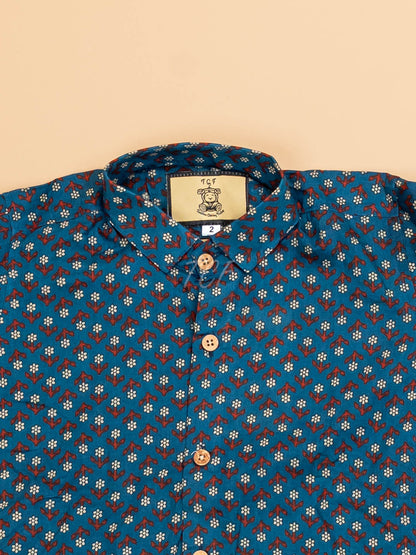 Blue & Maroon - Boys Readymade Cotton Printed Shirts