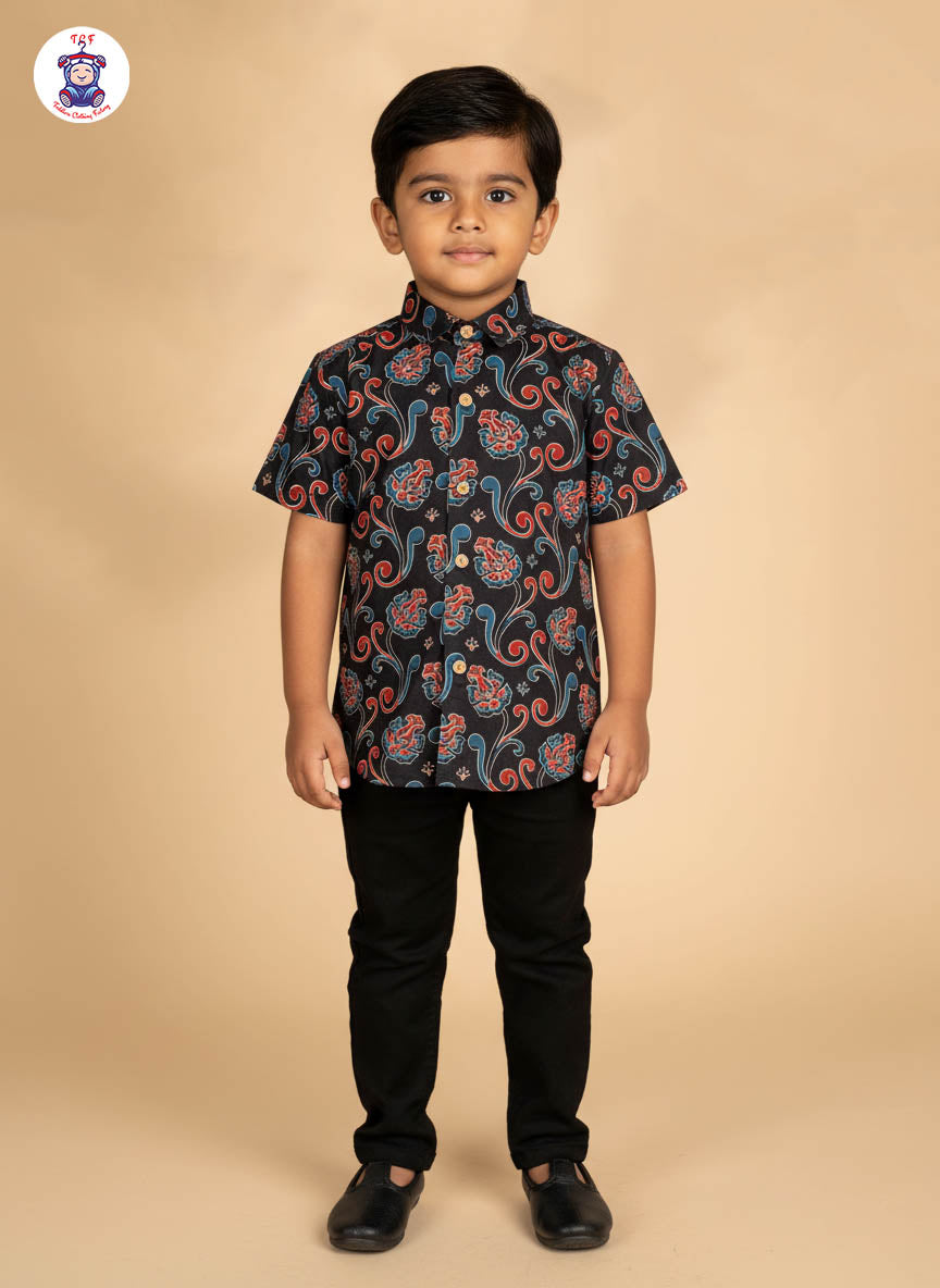 Black & Maroon - Boys Readymade Cotton Printed Shirts