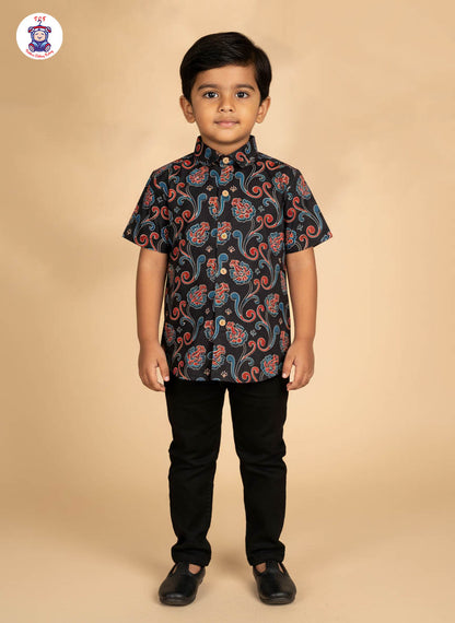 Black & Maroon - Boys Readymade Cotton Printed Shirts