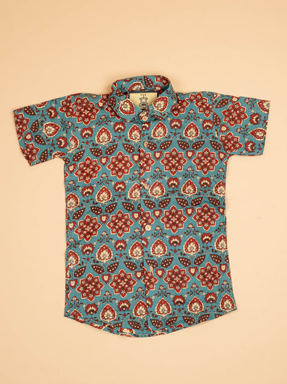 Light Blue & Maroon - Boys Readymade Cotton Printed Shirts