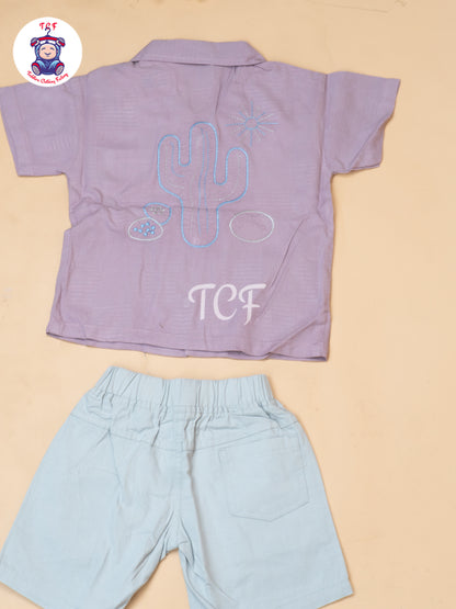 Purple - Boys Readymade Spread Collor Shirts & Shorts