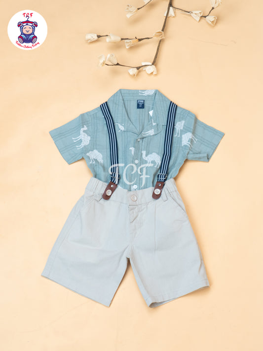 Sea Green - Boys Readymade Spread Collor Shirts & Suspender Sets