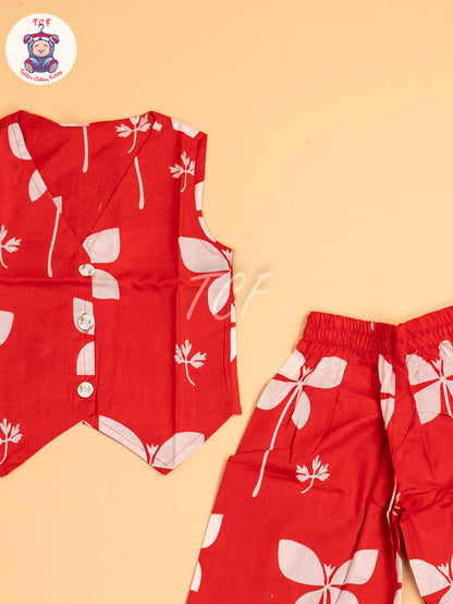 Red - Girls Floral printed Co-ords Sets