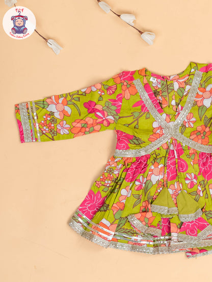 Light Green & Pink -Girls Printed Angrakha Salwar