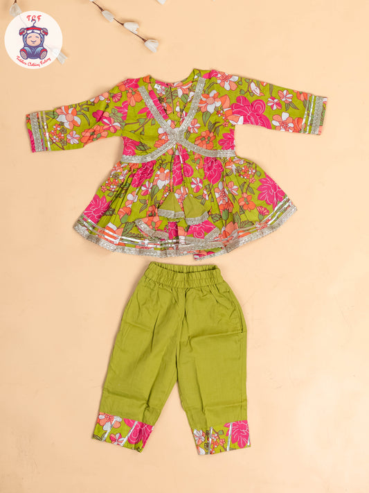 Light Green & Pink -Girls Printed Angrakha Salwar