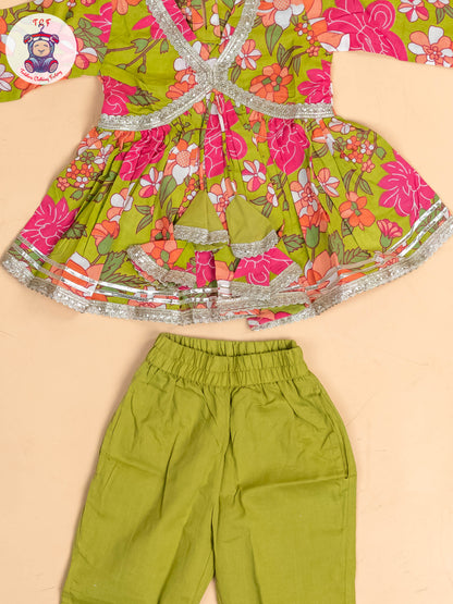 Light Green & Pink -Girls Printed Angrakha Salwar