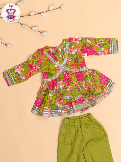 Light Green & Pink -Girls Printed Angrakha Salwar
