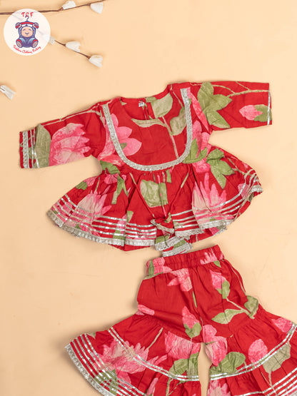 Red - Girls Floral printed Salwar