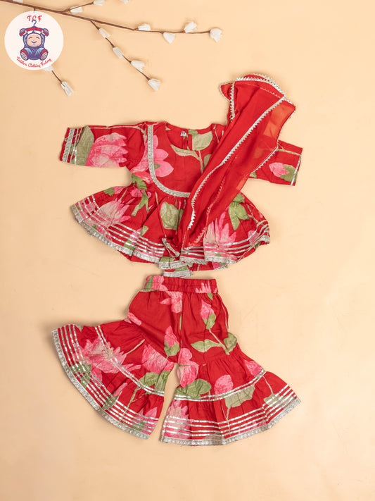 Red - Girls Floral printed Salwar
