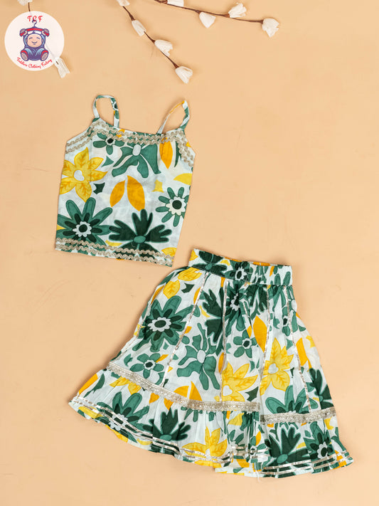 Green & White - Floral Printed Girls Lehenga Choli