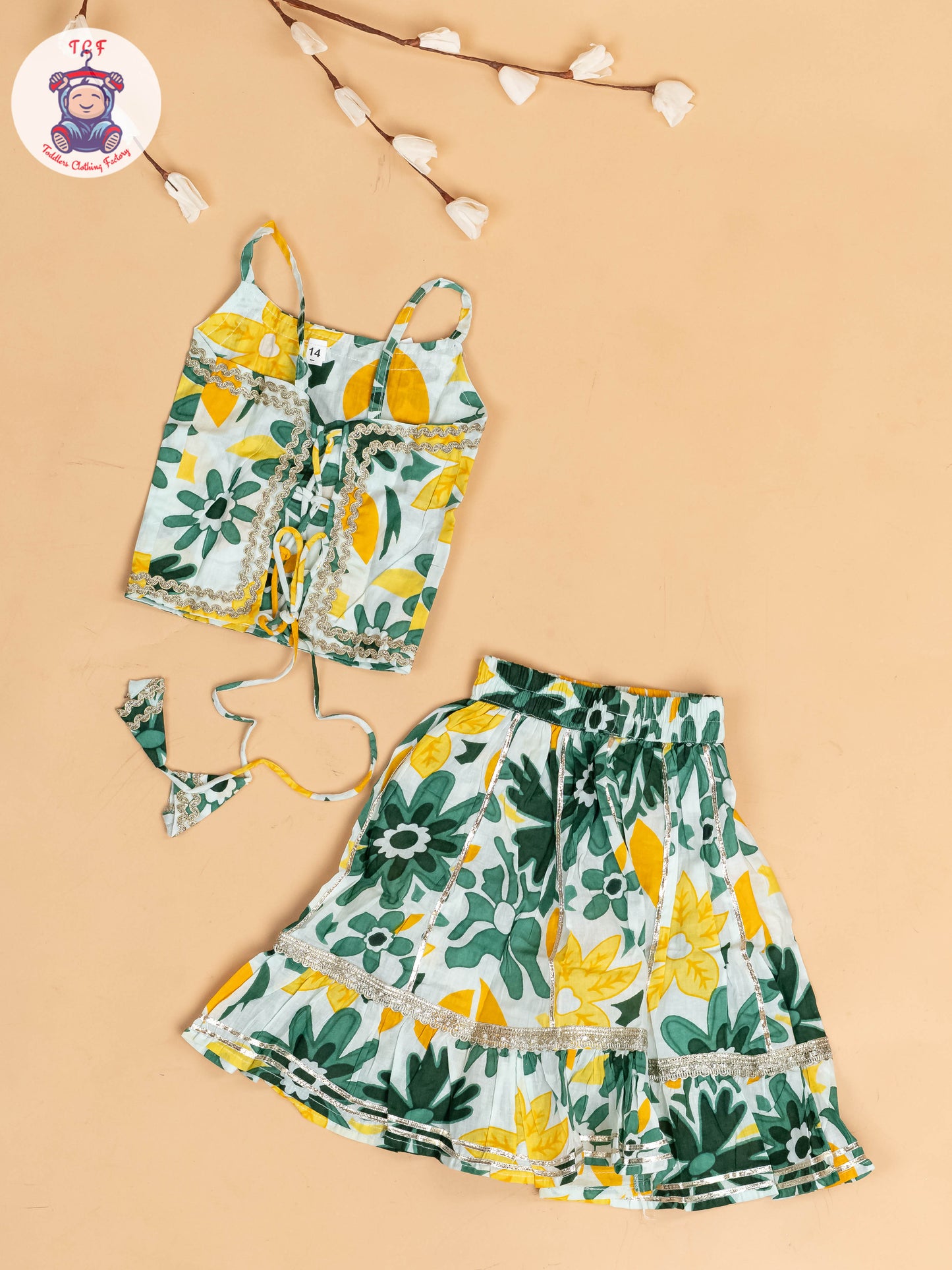 Green & White - Floral Printed Girls Lehenga Choli