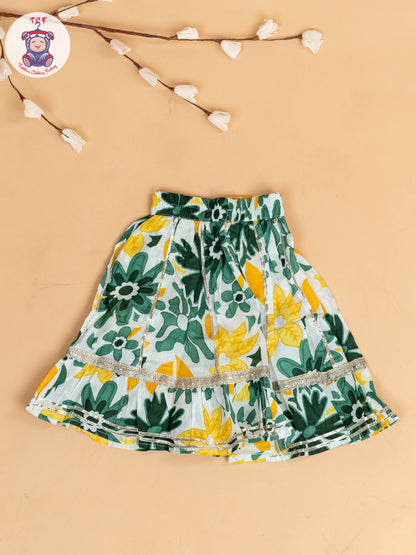 Green & White - Floral Printed Girls Lehenga Choli