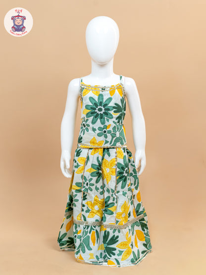 Green & White - Floral Printed Girls Lehenga Choli