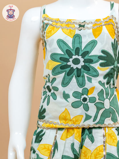 Green & White - Floral Printed Girls Lehenga Choli