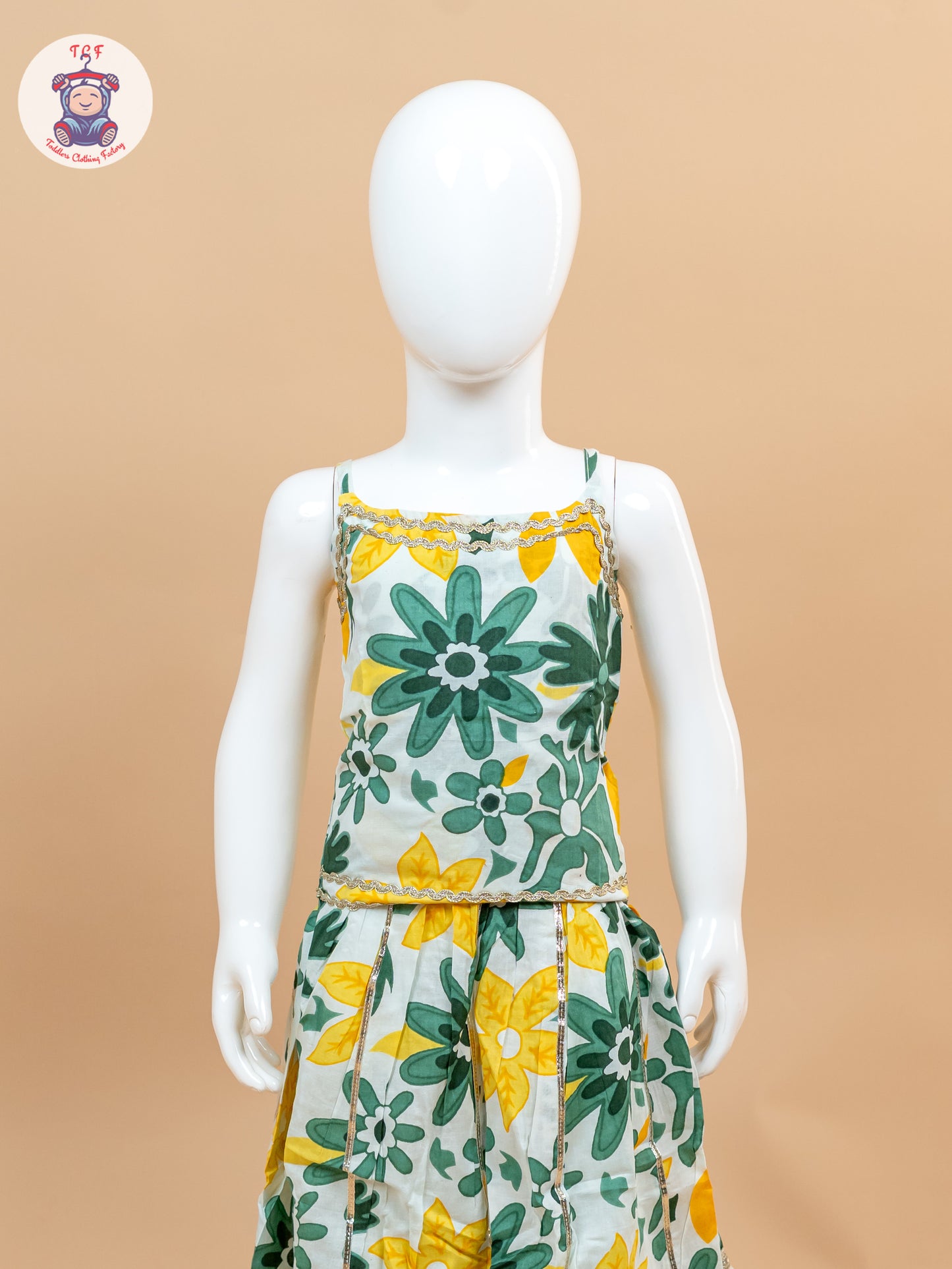 Green & White - Floral Printed Girls Lehenga Choli