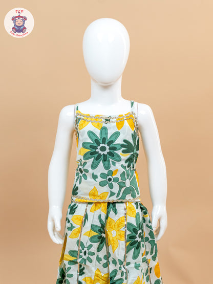 Green & White - Floral Printed Girls Lehenga Choli