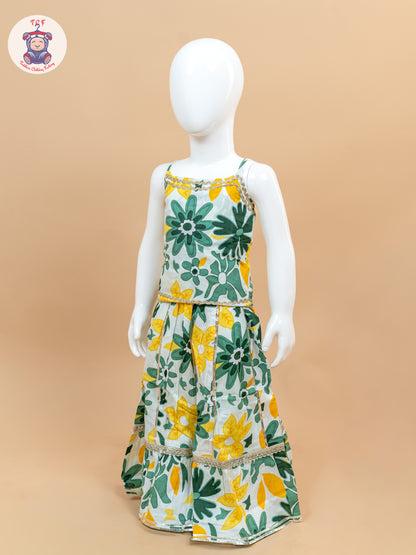 Green & White - Floral Printed Girls Lehenga Choli