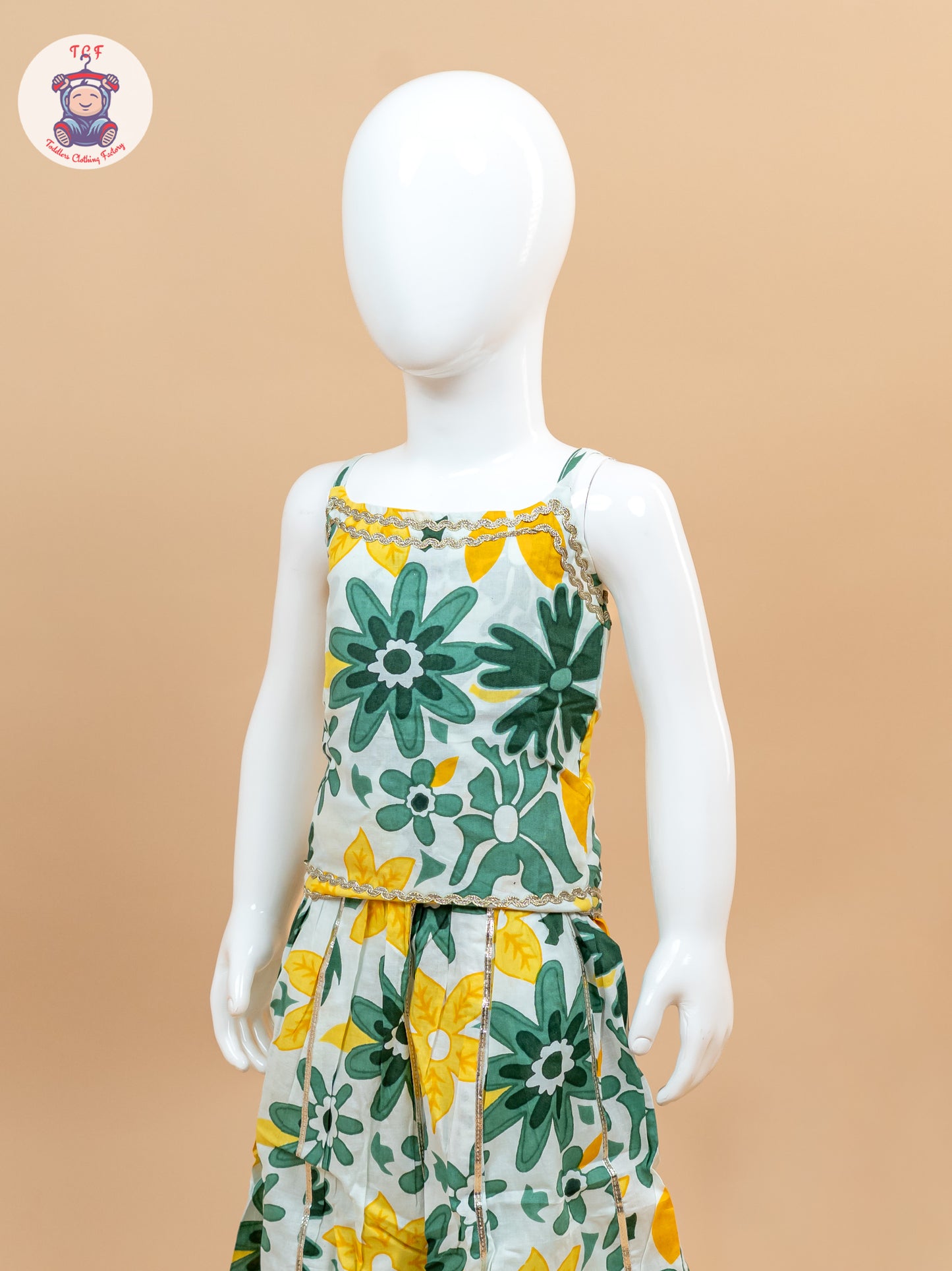 Green & White - Floral Printed Girls Lehenga Choli