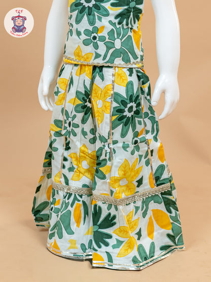 Green & White - Floral Printed Girls Lehenga Choli