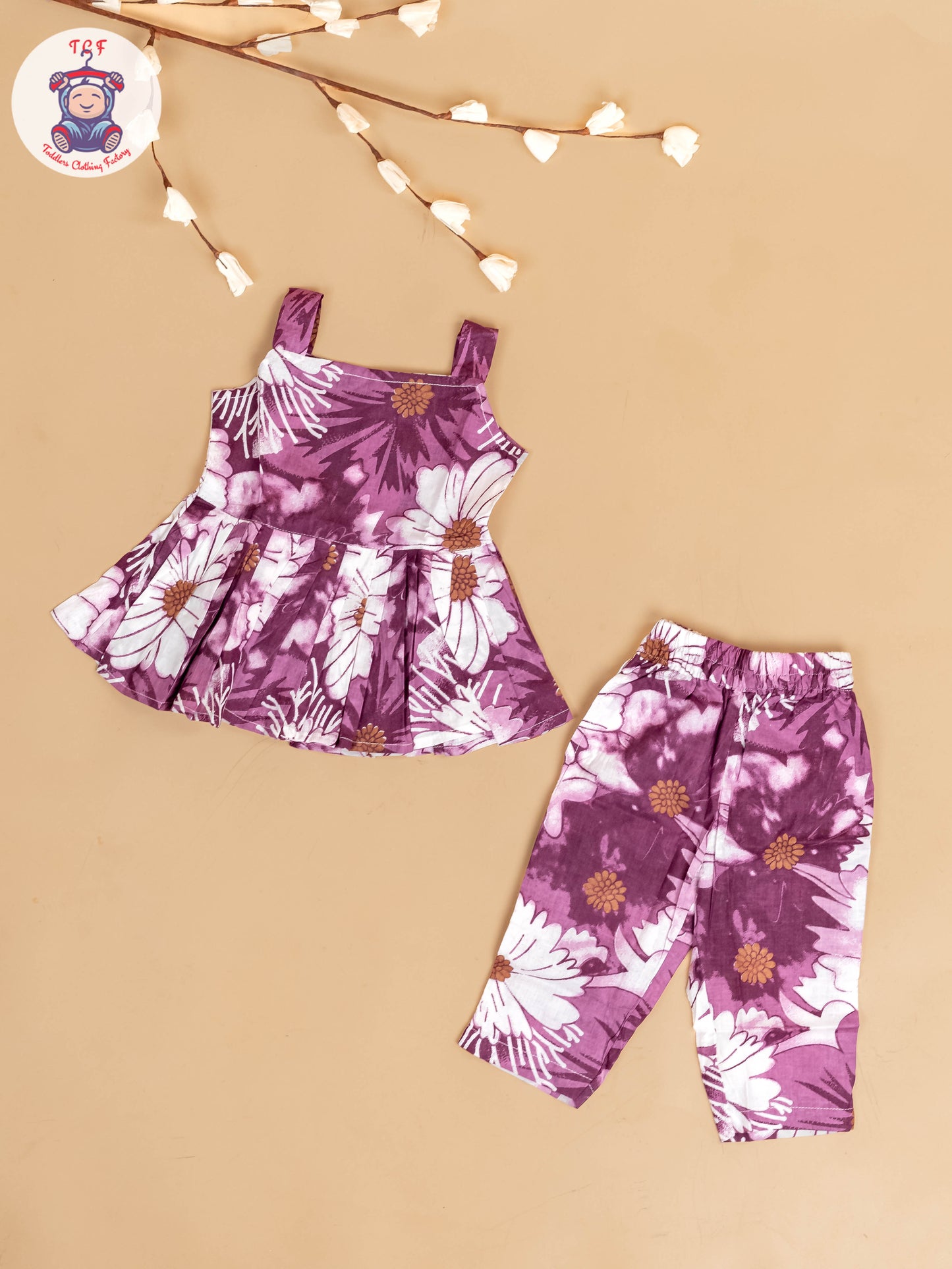 Purple & White - Girls Floral Printed Co-ords Sets
