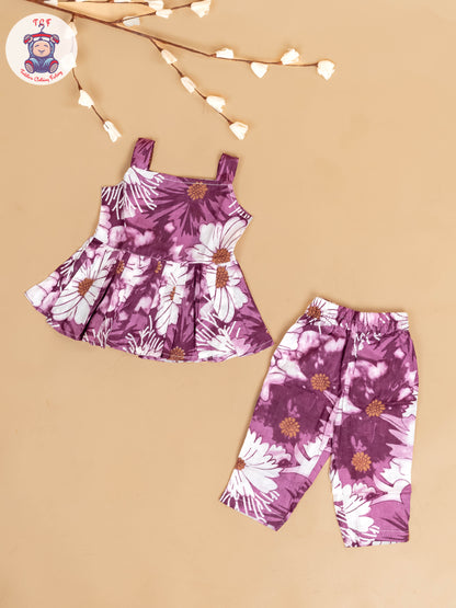 Purple & White - Girls Floral Printed Co-ords Sets