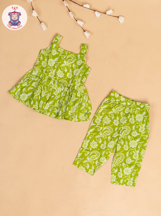 Light Green - Girls Floral Printed Co-ords Sets