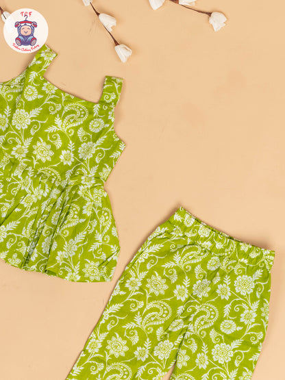 Light Green - Girls Floral Printed Co-ords Sets
