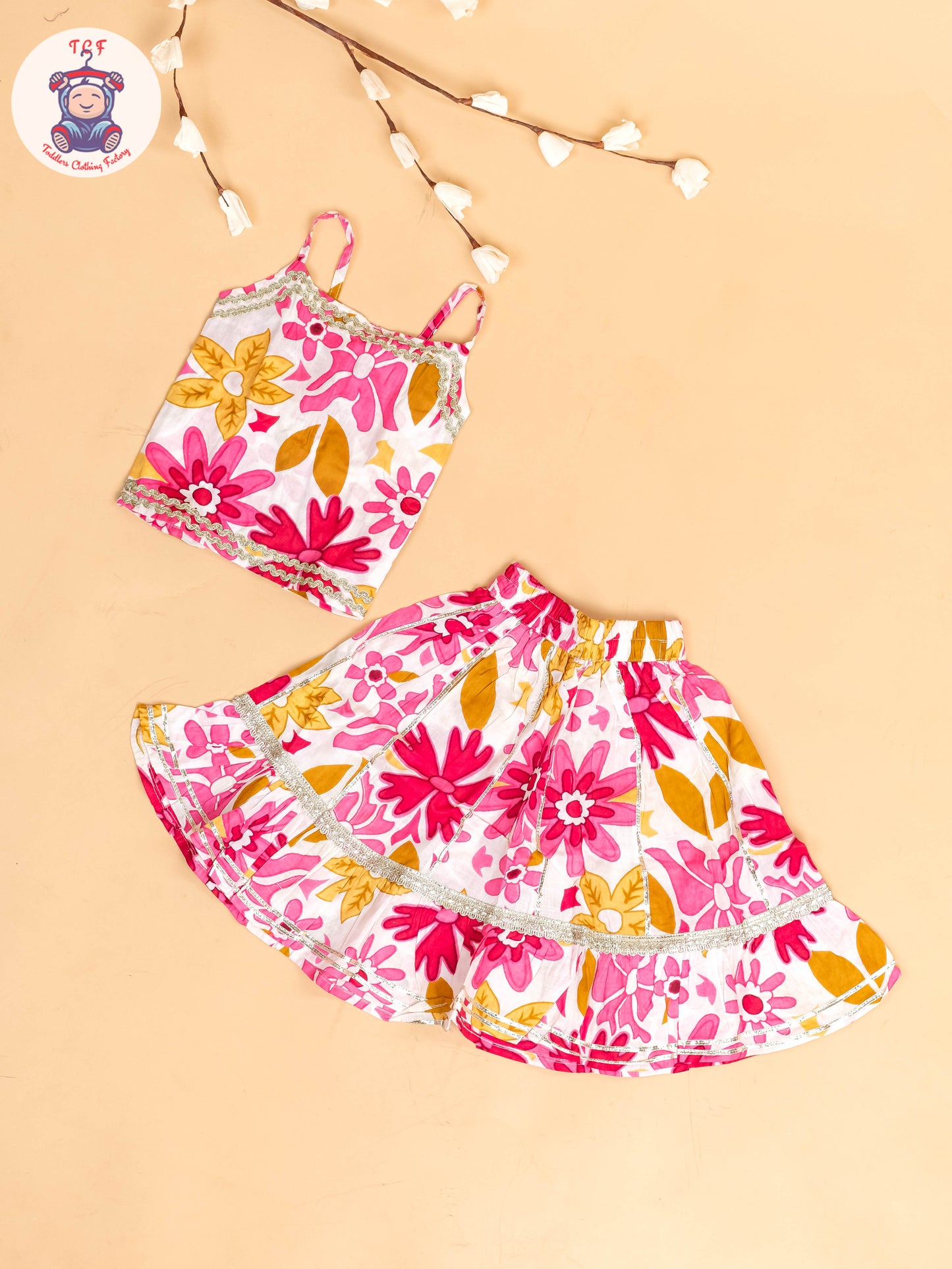 Pink & White - Floral Printed Girls Lehenga Choli