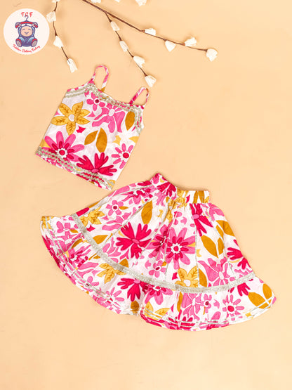 Pink & White - Floral Printed Girls Lehenga Choli