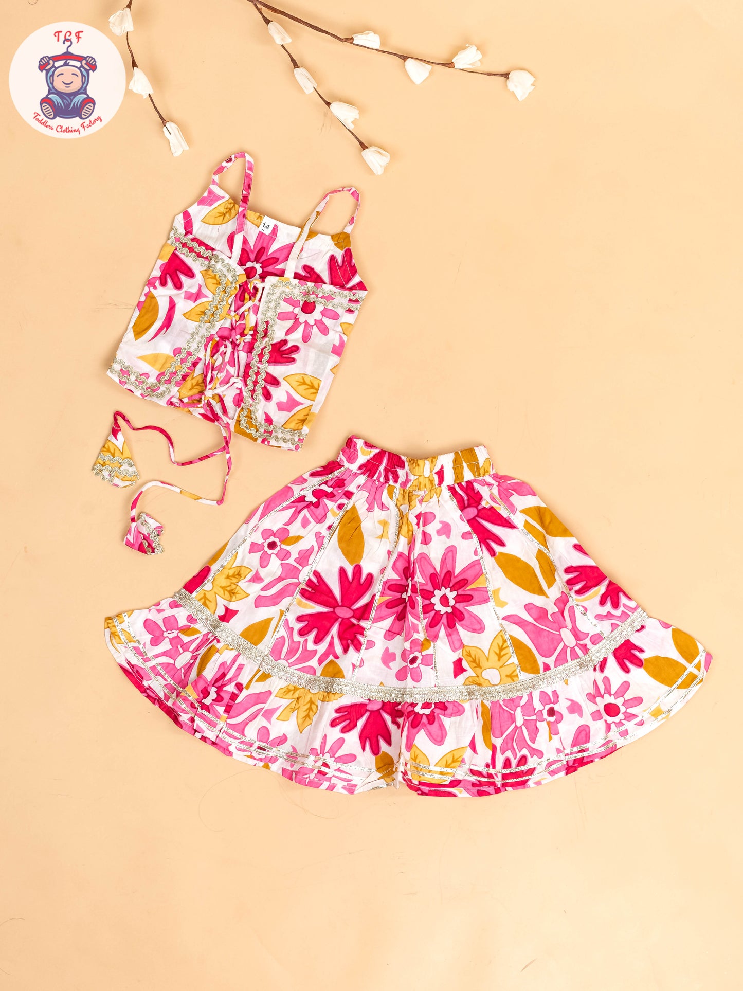 Pink & White - Floral Printed Girls Lehenga Choli