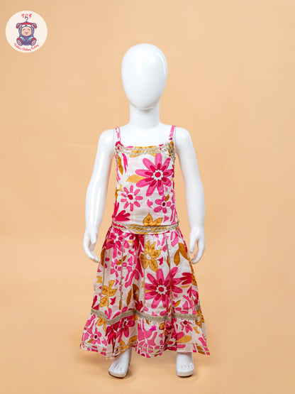 Pink & White - Floral Printed Girls Lehenga Choli