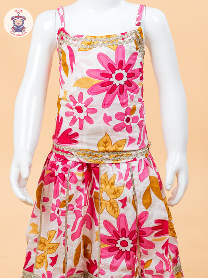 Pink & White - Floral Printed Girls Lehenga Choli