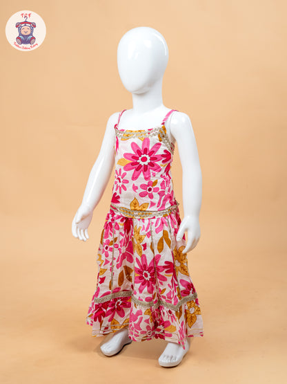 Pink & White - Floral Printed Girls Lehenga Choli
