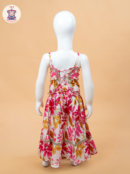 Pink & White - Floral Printed Girls Lehenga Choli
