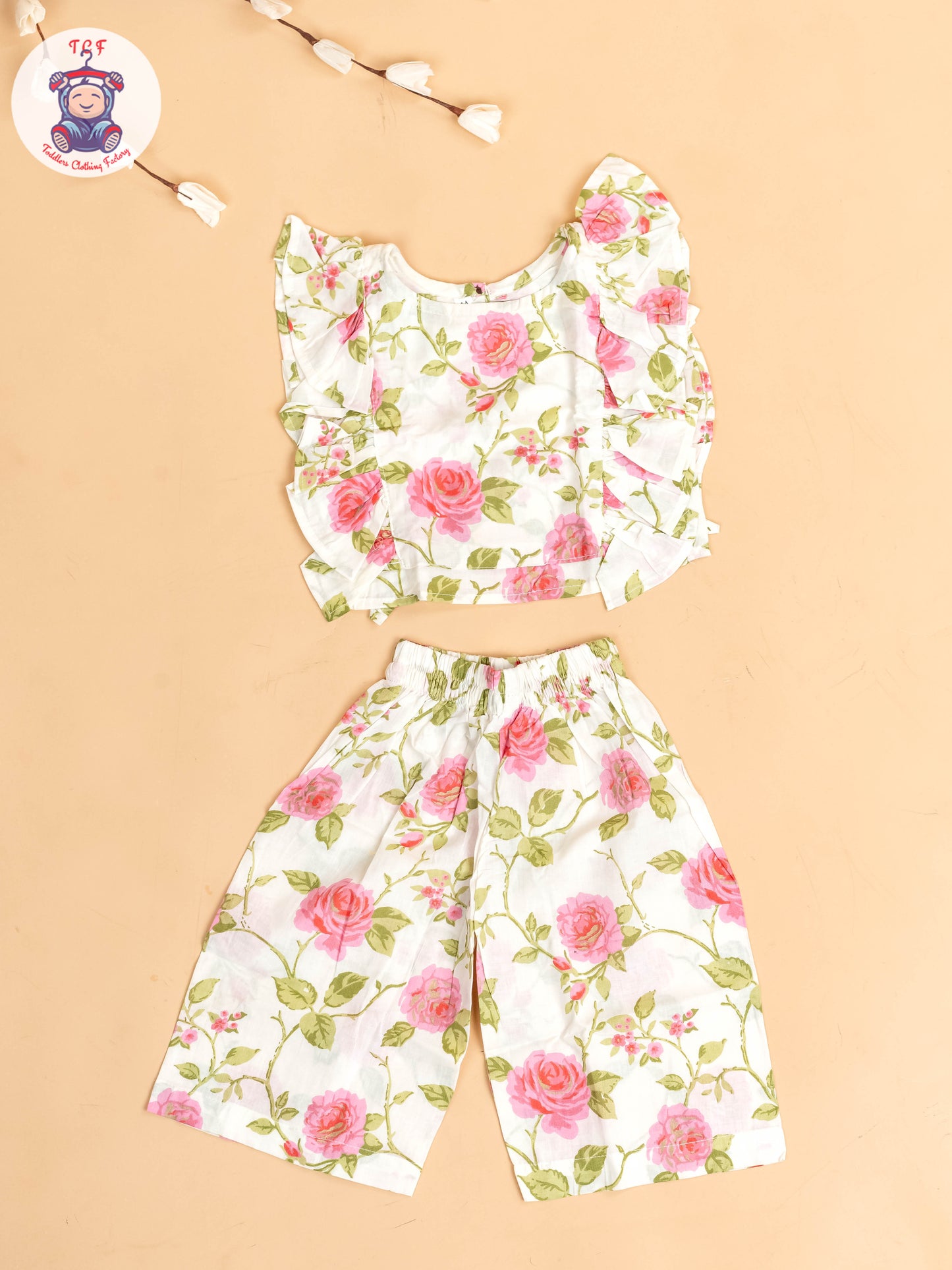 White & Pink - Girls Floral Printed Co-ords Sets