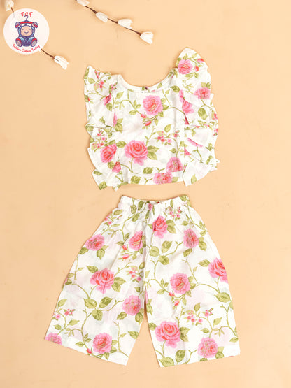 White & Pink - Girls Floral Printed Co-ords Sets