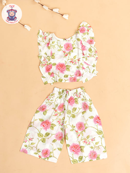 White & Pink - Girls Floral Printed Co-ords Sets
