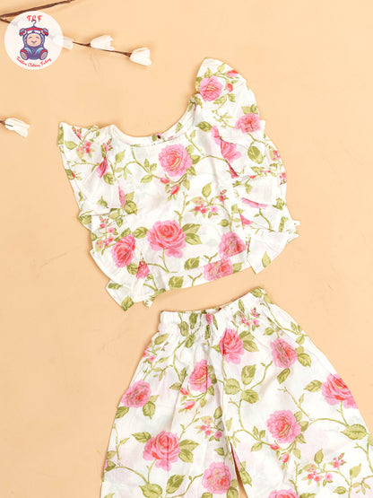 White & Pink - Girls Floral Printed Co-ords Sets
