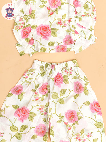 White & Pink - Girls Floral Printed Co-ords Sets