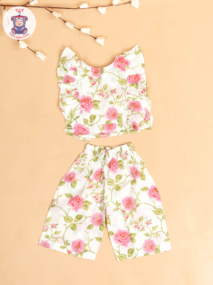 White & Pink - Girls Floral Printed Co-ords Sets