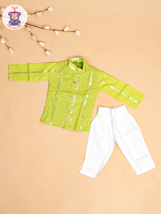 Pastel Green & Silver - Boys Printed Kurta With Pant