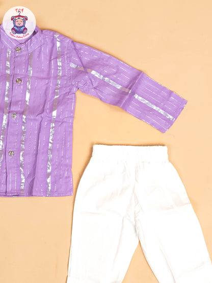 Purple & Silver - Boys Printed Kurta With Pant