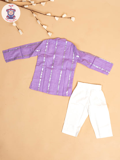 Purple & Silver - Boys Printed Kurta With Pant