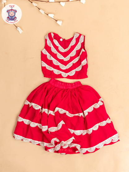 Red - Girls Embroidery Printed Lehenga Choli