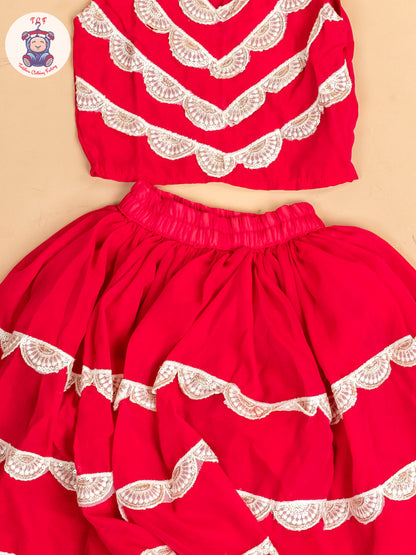 Red - Girls Embroidery Printed Lehenga Choli